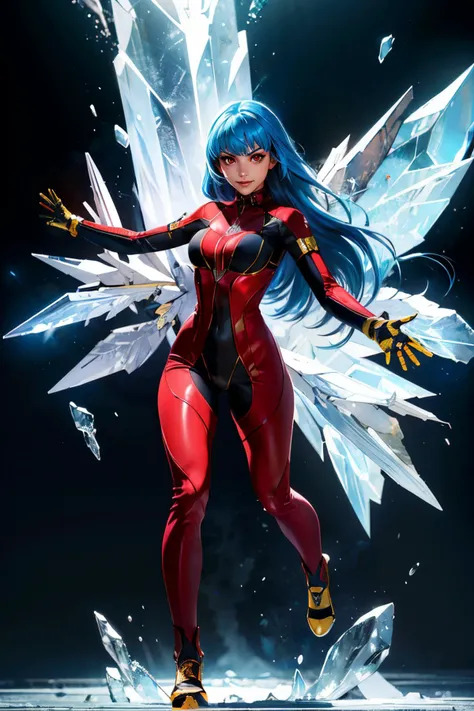 Kula, blue hair, red eyes, bangd, long hair,red bodysuit, gold gloves, looking serious, evil grin, dynamic pose, 
full body shot, ice, magical ice spell, extreme detail, masterpiece,  <lora:Kula:.7>