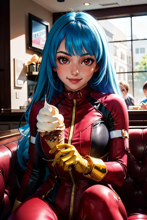 Kula, blue hair, red eyes, bangd, long hair,red bodysuit, gold gloves, looking at viewer, smiling, happy, blush, 
sitting inside a ice cream parlor,holding a ice cream cone, playful ambiance, extreme detail, masterpiece,  <lora:Kula:.7>