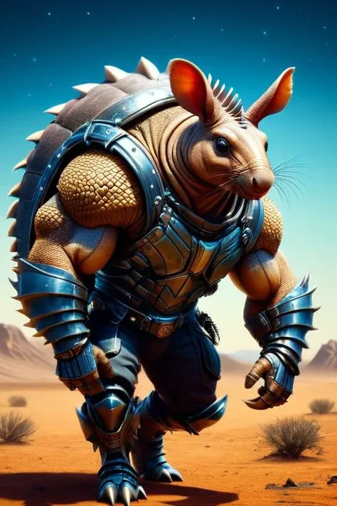 a cartoon character of a giant animal in armor on a desert