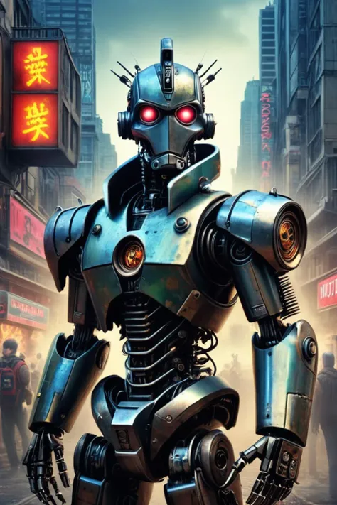 a close up of a robot standing in a city street