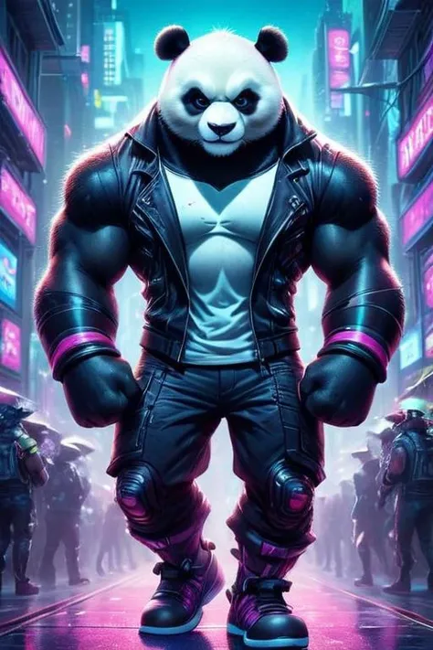 a panda bear in a leather jacket and jeans stands in a city