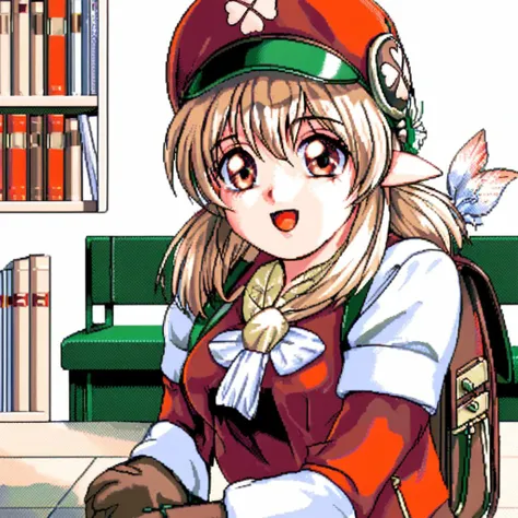 anime girl sitting on a bench with a backpack and a bookcase