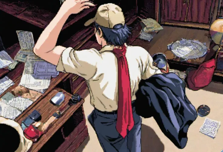 anime image of a man in a hat and tie looking at papers