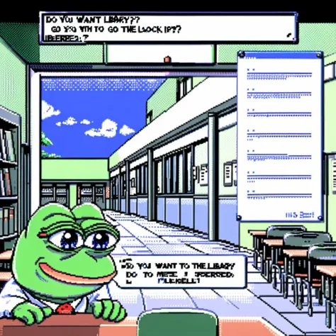 a cartoon frog sitting at a desk in a library