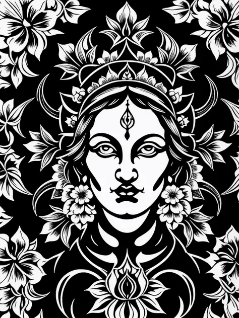 Fear form of Mother Kali with classical floral elements emanating from center of face, woodcutting template, decorative design, classical ornament, motif, bilateral symmetry, roses, leaves, flowers, buds, flowering buds, feathers, negative space, highly de...