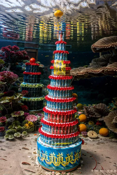 fantasy,   RAW photo,a huge [Taiwan-caned-offering] under the  water,with canned drinks arranged on it. fantasy, underwater, [[swimming carp school]],  best quality, masterpiece, 8k uhd, dslr, soft lighting, high quality, film grain, Fujifilm XT3 <lora:100...