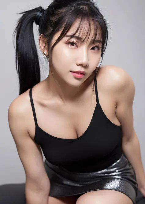 photo of <lora:jedam-indo:0.98>, (shiny skin:1.2), (oil skin:1.1), (raw photo:1.2), (photorealistic:1.4), (Kpop idol), (shiny skin:1.2), (ponytail), (((black hair))), miniskirt