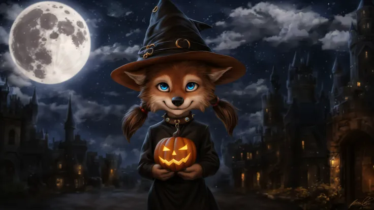 Masterpiece, best quality, realistic, textured fur, werewolf, canine, <lora:winnie_v1:0.75>, small winnie dressed as a witch, hat, young, wolf cub, 1girl, solo, black dress, piercings, earrings, pigtails, beautiful cute face, smile, brown fur, big black no...