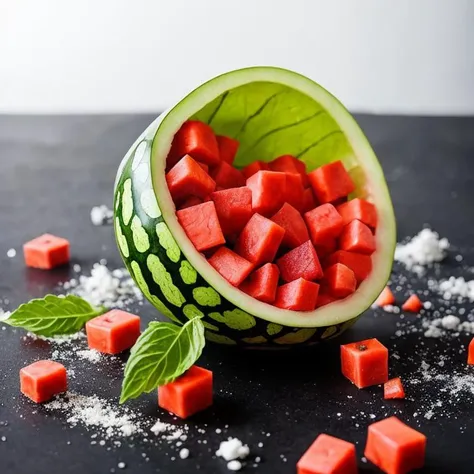 there is a watermelon cut into cubes and placed on a table