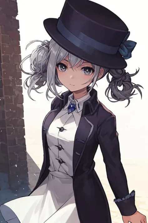 masterpiece, best quality, 1girl,solo,silver hair, grey eyes, single bun, hat <lora:Vertin_locon:1>