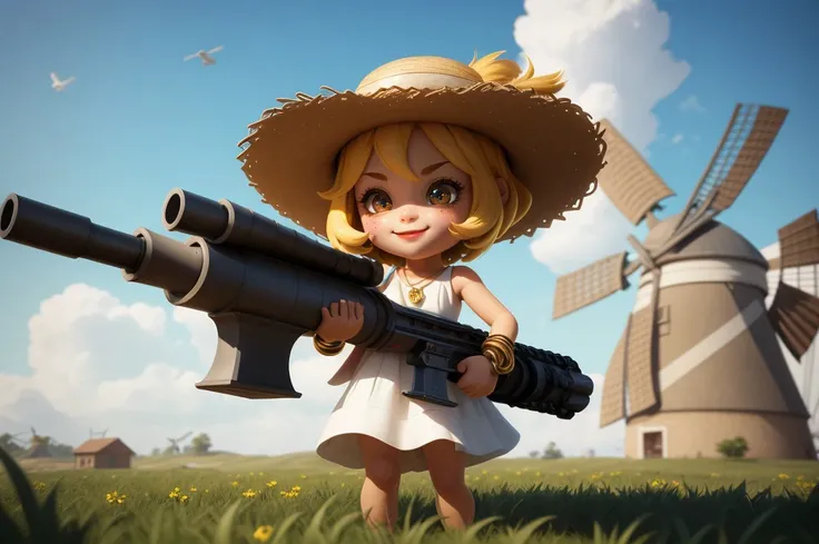 3d render unreal engine picture of cute girl straw hat short golden chain necklace white dress bracelet (holding minigun:1.1) in field near windmill cloudy sky birds title text advertisement game logo "WINDYTALE" <lora:ST Game Icon Institutemmo2:0.5> game ...