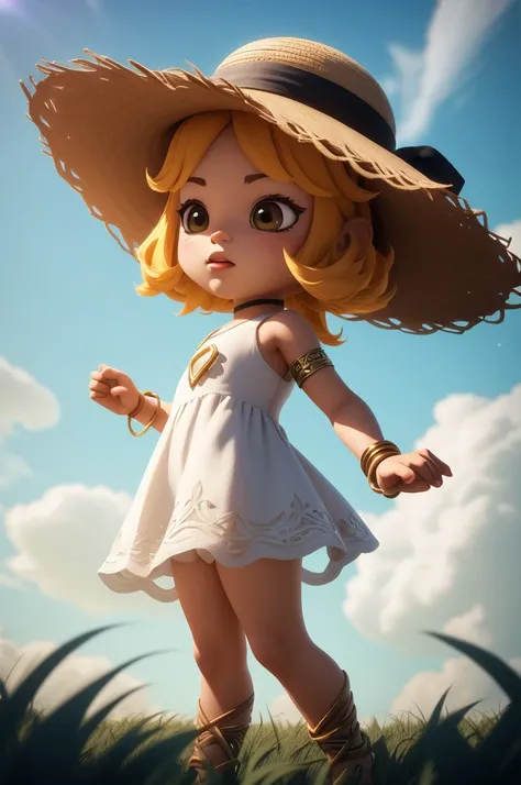 professional 3d render picture of cute chibi girl straw hat short white dress glowing magical bracelet in field near windmill cloudy sky birds title text advertisement game logo "WINDYTALE" <lora:ST Game Icon Institutemmo2:0.5> game icon institute/(jiemian...