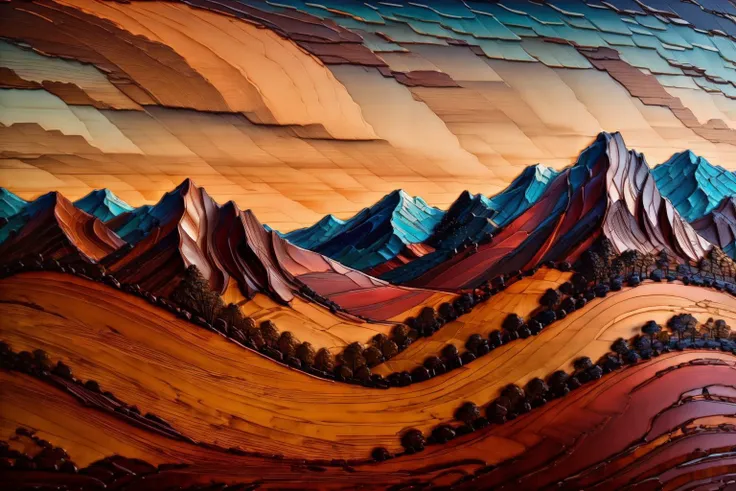 a close up of a painting of a mountain range with a sky background