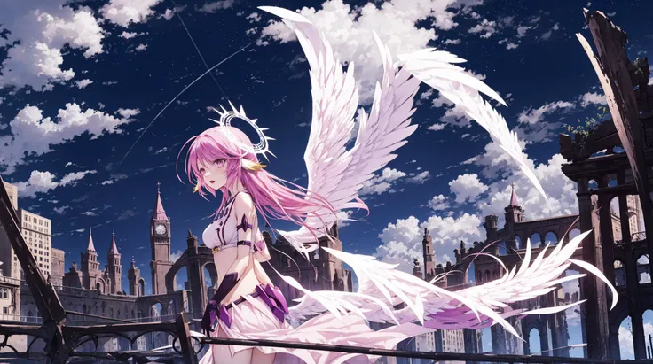 ((jibril)) ((((<lora:Jibril(NoGameNoLife)_Full_animefinal:1>)))) jibril (no game no life), official clothes, scythe, compass rose halo, (((1girl))), long hair, halo, magic circle, solo, navel, pink hair, feathered wings, breasts, open mouth, white wings, w...