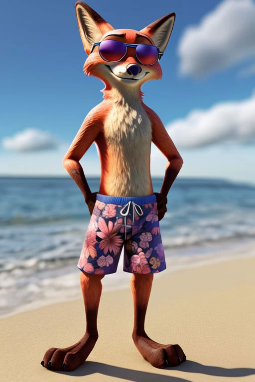 Nick wilde, sunglasses, swimming trunks, floral pattern, smile, beach, 3d, solo