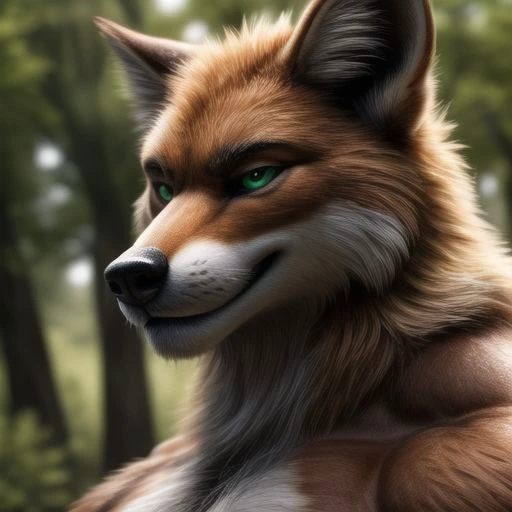 portrait, closeup, anthro, orange fox, (realistic fur, detailed fur texture:1.3), detailed eyes, green eyes, muscles, adult, hyper muscles, hairy, body hair, detailed face, (smug smirk), detailed background, forest background,  ultradetailed, (masterpierce...