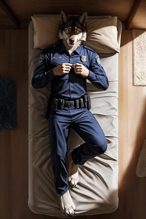 anthro,wolf boy,solo,male,adult,police uniform,realistic fur,detailed background,wilderness background,realistic,photorealistic,ultra realistic,8k,lying,feet up,from_above,(full body:1.5),(furry art, uploaded on e621:1.5),bed,on bed,