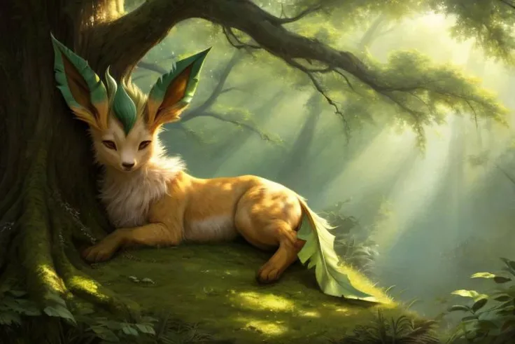 8x, highly detailed, a leafeon sleeping under a large tree, detailed fur, detailed face, BREAK, (8k:1.0), (hi res:1.0), (masterpiece:1.0), (best quality:1.0), (realistic:1.2), (ph0t0x2:1.0),