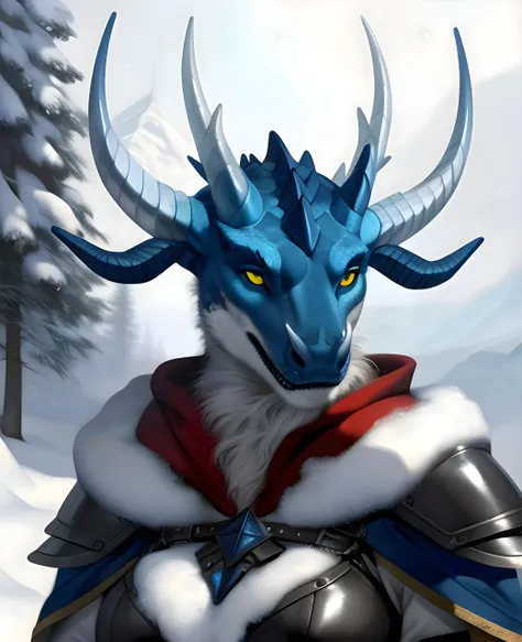 by honovy+,chest close-up, female, blue crocodile, ice horns+++, blue crocodile skin texture, glowing white eyes, leather armor, skin cloak suspended from shoulders on rivets,snow, snow in the air