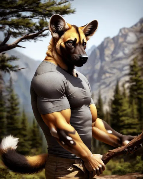 anthro african wild dog, male, adult, muscular, pants, shirt, (realistic fur, detailed fur texture:1.2), detailed background, wi...