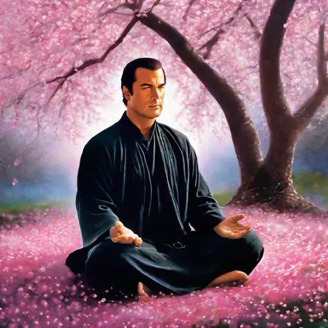 portrait of steven segal man meditating serenely amidst flowing cherry blossoms, a transcendent glow surrounding him, the very air seeming to shimmer with mystical energy.