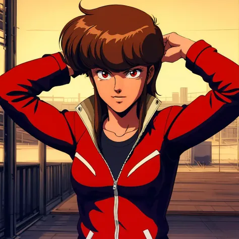 anime character with brown hair and red jacket standing in a city