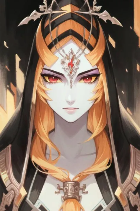 ((best quality)), ((highly detailed)), masterpiece, detailed face, beautiful face, (detailed eyes, deep eyes), (1girl), (cowboy shot), armlet, <lora:tloz_midna:1>, midnatrue, long hair, front ponytail, hood, orange hair, red eyes, colored sclera, yellow sc...