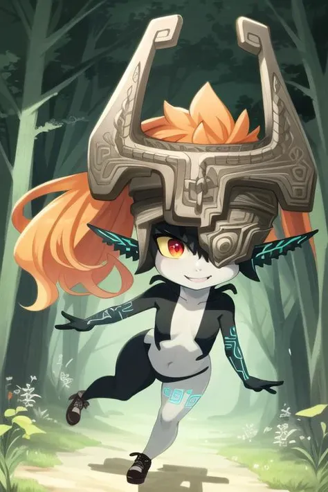 ((best quality)), ((highly detailed)), masterpiece, (detailed eyes, deep eyes), (1girl), (full body), cross-laced footwear, <lora:tloz_midna:1>, midnaimp, fang, helmet, orange hair, red eyes, colored sclera, yellow sclera, one eye covered, small breasts, w...