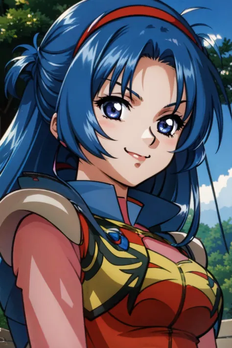 a close up of a woman with blue hair and a red top