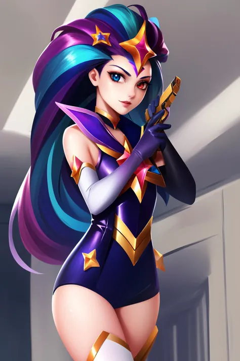 a woman in a purple and blue outfit holding a sword