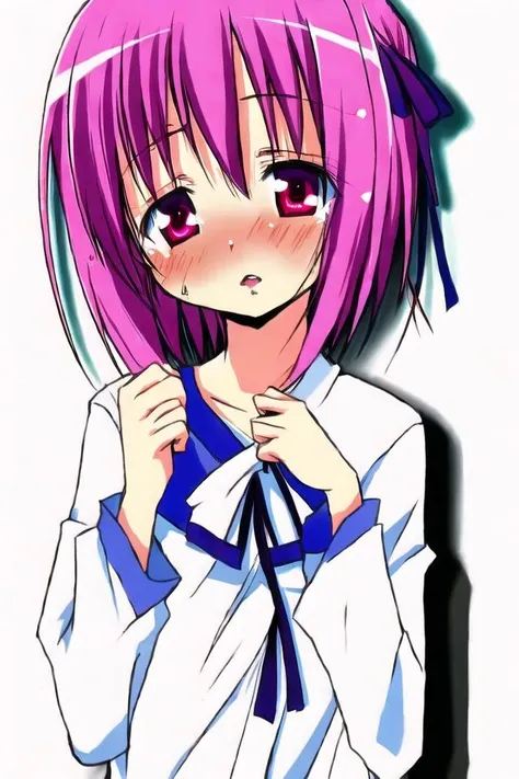 anime girl with pink hair and blue tie posing for a picture