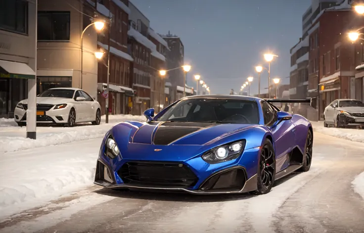 a close up of a blue sports car driving down a snowy street