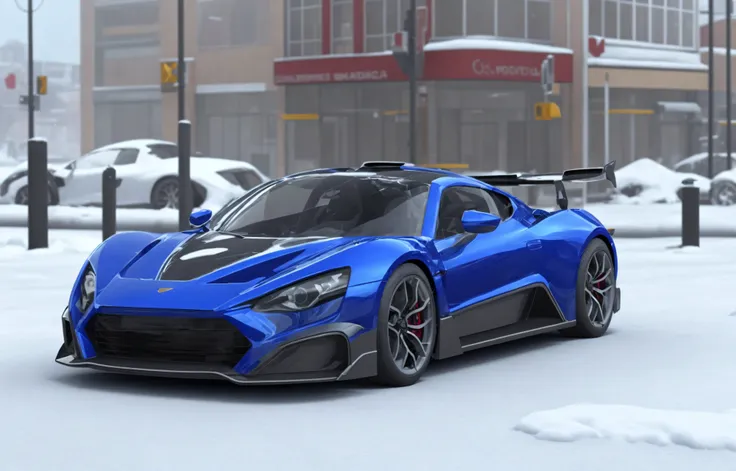 a blue sports car is parked in the snow in front of a building