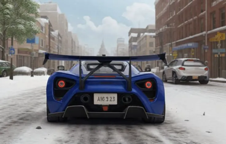 a close up of a blue sports car driving down a snowy street