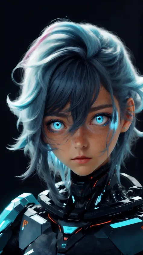 portrait a cyborg, cybgirlsav. Cerulean hair. outfit, <lora:nanoArmor:0.9>.