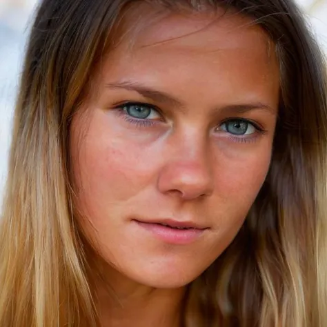 a close up of a woman with long hair and blue eyes