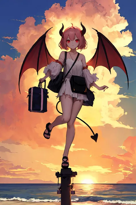 (best quality, masterpiece, highres),1girl,solo,quad tails,demon girl,demon horns,demon wings,beach bag,torn_sleeves,looking at viewer,
<lora:on utility pole_v1.07bw:1>,cloud,on utility pole,