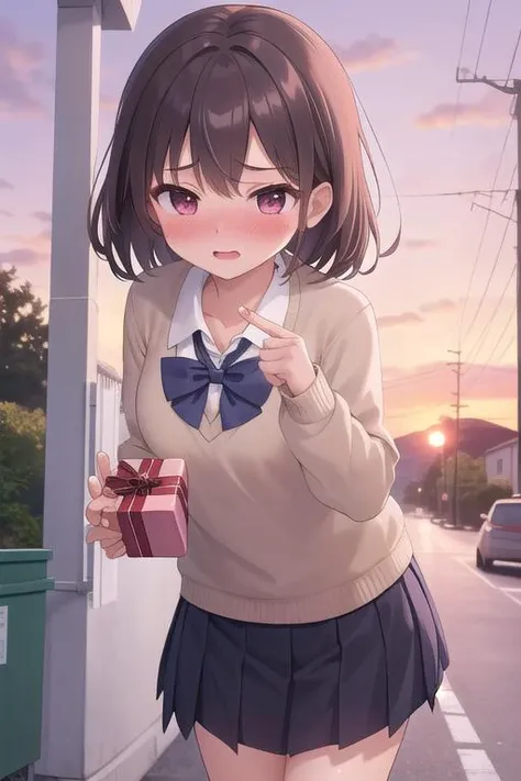 masterpiece,ultra detail,best quality,1girl,petite,shy,school uniform,incoming gift, box,(blush), <lora:brj-incoming-gift-v1:0.7>,outdoor,sunset,leaning forward,present a gift