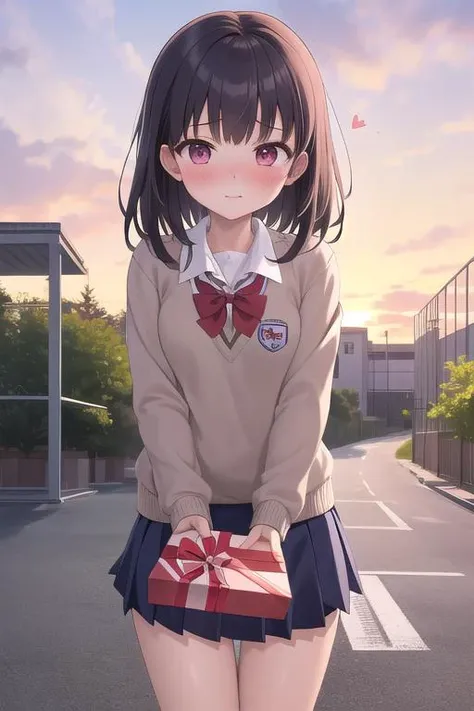 masterpiece,ultra detail,best quality,1girl,petite,shy,school uniform,incoming gift, box,(blush), <lora:brj-incoming-gift-v1:0.8>,outdoor,sunset,present a gift,arms for viewer,heart box,Behind the gym