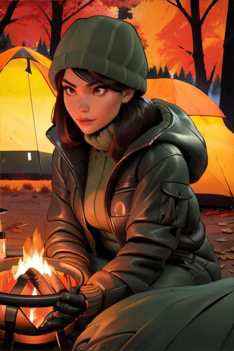 <lora:gentlecatstyle:0.6>, style by gentlecat, woman wearing leather sherpa lined jacket, camping, tent, forest in autumn, campfire, Copper, Sage Green, Charcoal Gray || masterpiece, perfect quality, sharp focus, shallow depth of field, 8k