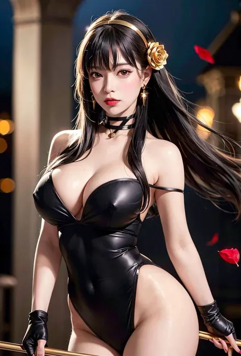 (8k, RAW photo, highly sensitive, best quality, masterpiece, ultra high res,  photorealistic:1.25),overflowing breasts ,nipples,cityscape ,professional lighting, photon mapping, radiosity, yor briar, 1girl, backlighting, bare shoulders, black dress, black ...