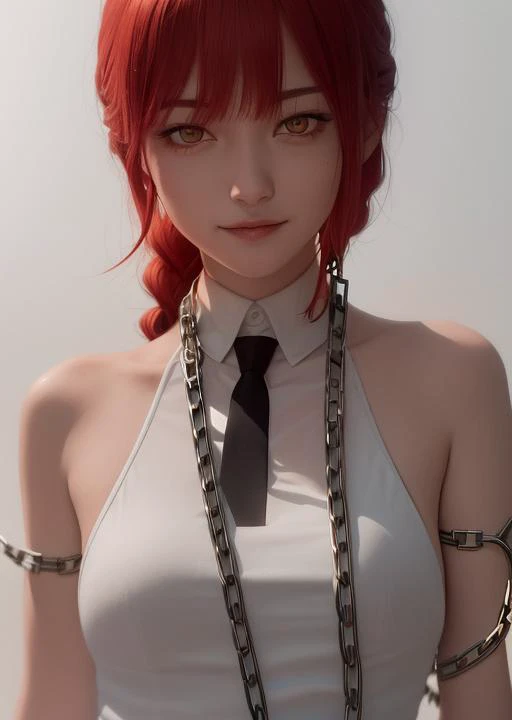 (masterpiece), (best quality),makima (chainsaw man), best quality, ultra detailed, 1girl, solo, standing, red hair, long braided hair, golden eyes, bangs, medium breasts, white shirt, necktie, stare, smile, (evil:1.2), looking at viewer, (interview:1.3), (...