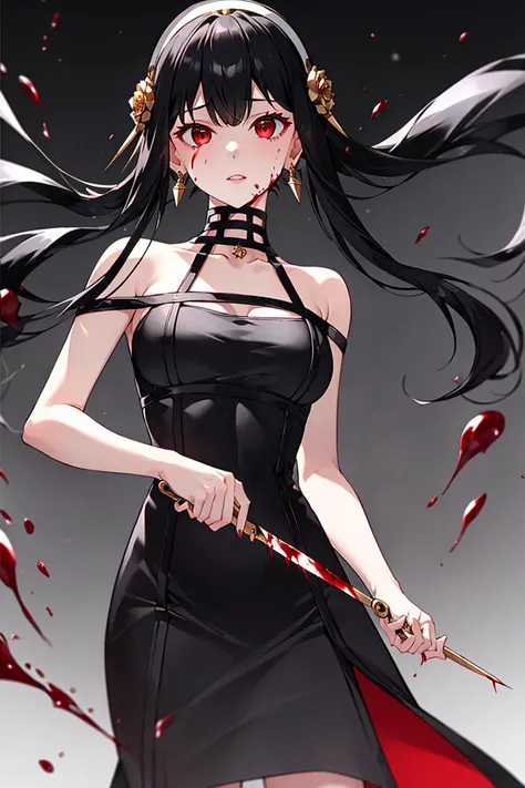 yor briar,solo,1girl,
bangs, breasts, medium breasts,  red eyes, fighting pose,
off-shoulder dress, gold earrings, gold hairband, hairband, jewelry, long hair, looking at viewer, black dress,  white hairband,holding 1 knife, blood on knife,
black backgroun...