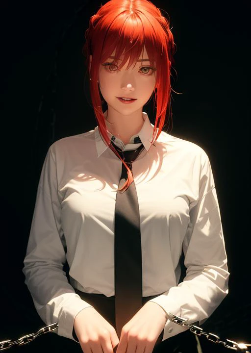 (masterpiece), (best quality),makima (chainsaw man), best quality, ultra detailed, 1girl, solo, standing, red hair, long braided hair, golden eyes, bangs, medium breasts, white shirt, necktie, stare, smile, (evil:1.2), looking at viewer, (interview:1.3), (...