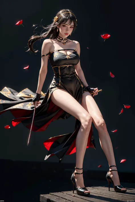 yor briar, 1girl, backlighting, bare shoulders, black background, black dress, black gloves, black hair, blood, blood on face, blood on weapon, breasts, closed mouth, cowboy shot, dress, earrings, expressionless, fingerless gloves, floating hair, floral pr...