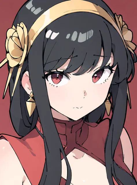 masterpiece, 1girl, solo,  <lora:yor:0.8> yor briar, spy x family style, black hair, long hair, flower, gold earrings, gold hairband, hair flower, hair ornament, hairband, close-up, anime coloring, red background