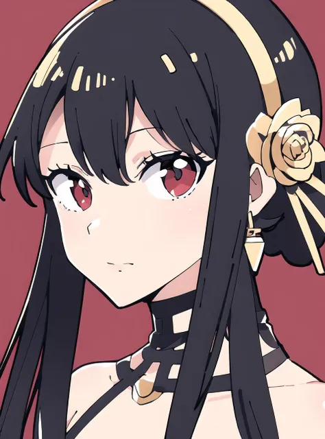 1girl, solo,  <lora:yor:0.9> yor briar, black hair, long hair, flower, gold earrings, gold hairband, hair flower, hair ornament, hairband, anime coloring, red background