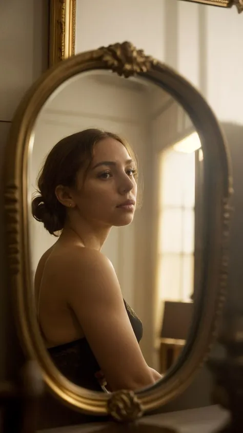 arafed woman looking at herself in a mirror in a room