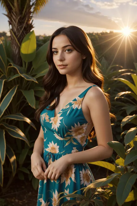 a woman in a floral dress standing in a field of plants