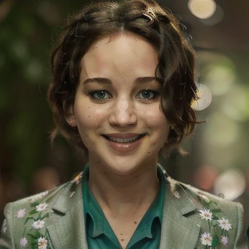 jennifer lawrence, beautiful, full focus, detailed, hdr, 8k, 3d,backlit, 8k, best quality, concept art, hyper detailed, closeup, floral tie, green suit, symmetrical face, goofy look with a smile, dark background, <lora:CaricatureStyle-000005:0.8>